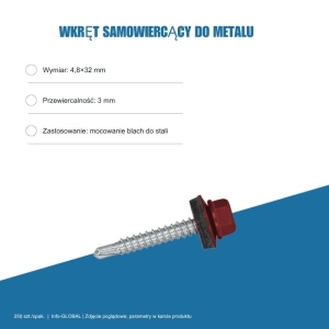 Wkręt samowiercący do metalu 4,8x32 mm, przewiercalność 3 mm, EPDM, 250 szt. – kolor do wyboru
